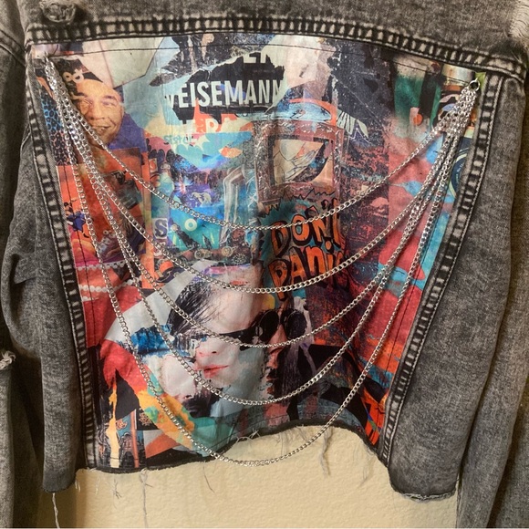 American Bazi Retro Acid Wash Cropped Denim Jacket With Chains Biker Bohemian 1X - Picture 12 of 16